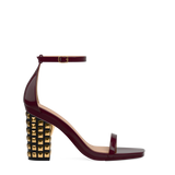 Block Heel Kit 4 Gold Stud shown on the Gigi Cherry Mocha Patent upper. Pashion convertible heels go from heel to flat and are customizable with interchangeable heel kits.