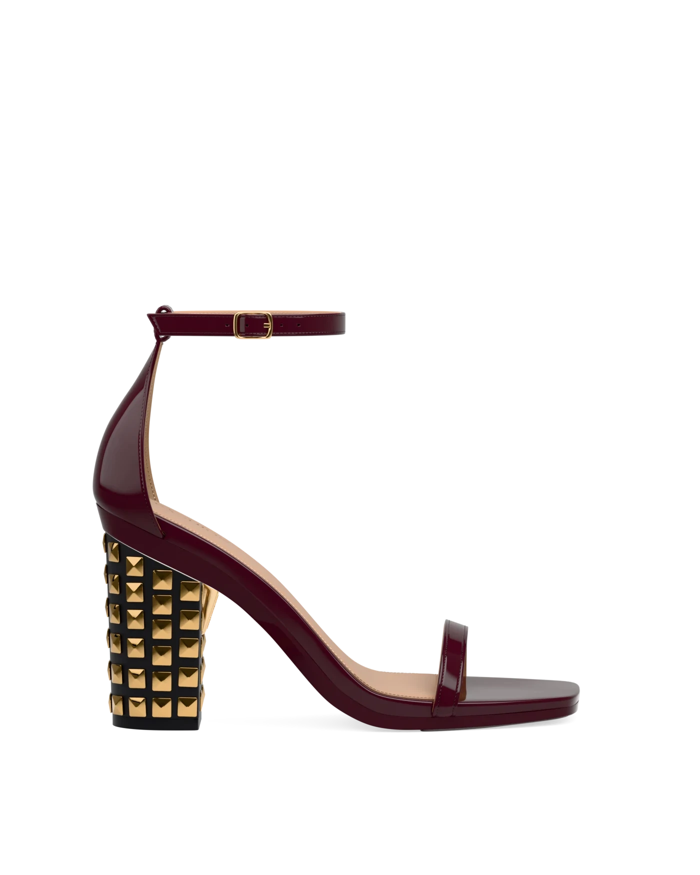 Block Heel Kit 4 Gold Stud shown on the Gigi Cherry Mocha Patent upper. Pashion convertible heels go from heel to flat and are customizable with interchangeable heel kits.