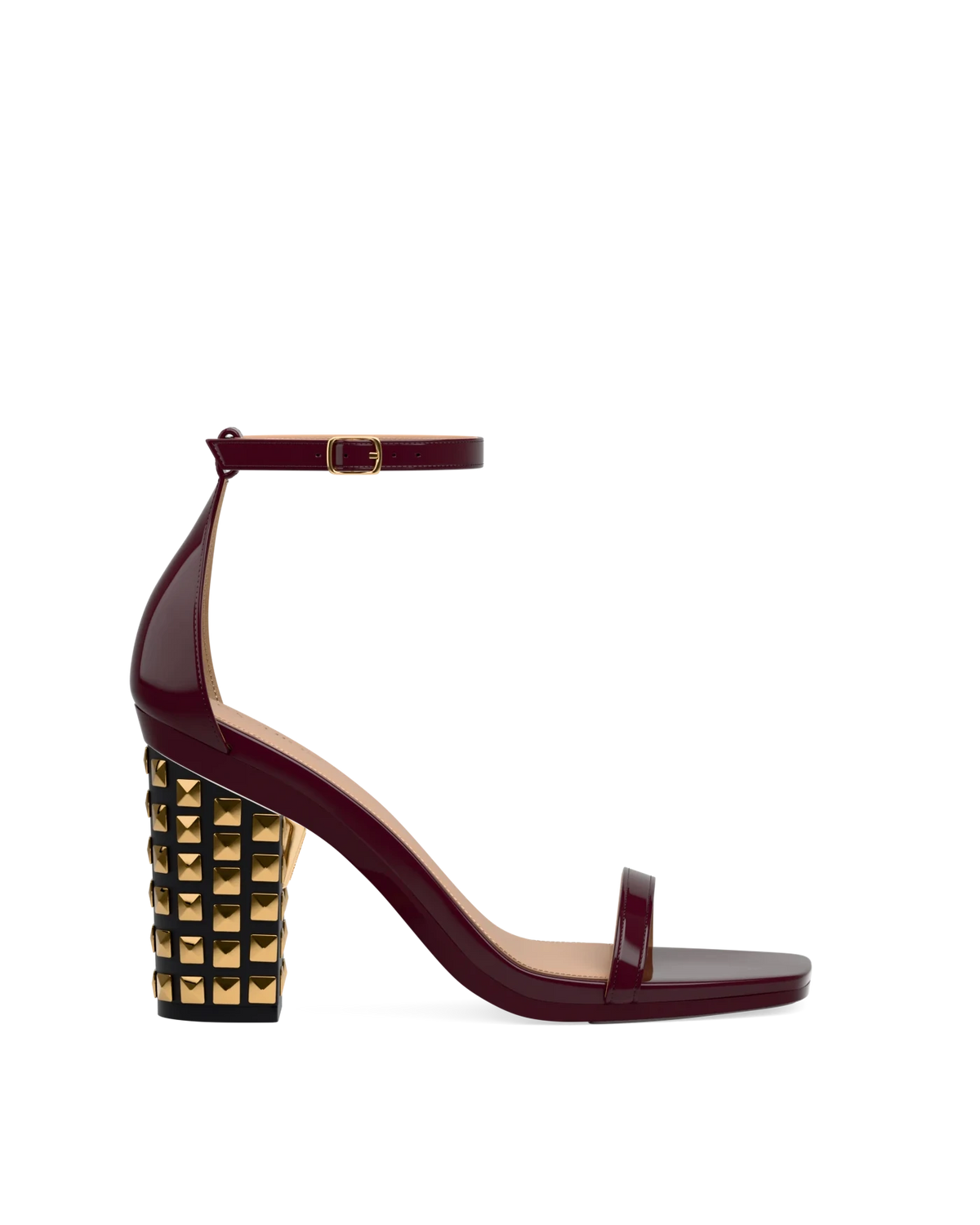 Block Heel Kit 4 Gold Stud shown on the Gigi Cherry Mocha Patent upper. Pashion convertible heels go from heel to flat and are customizable with interchangeable heel kits.