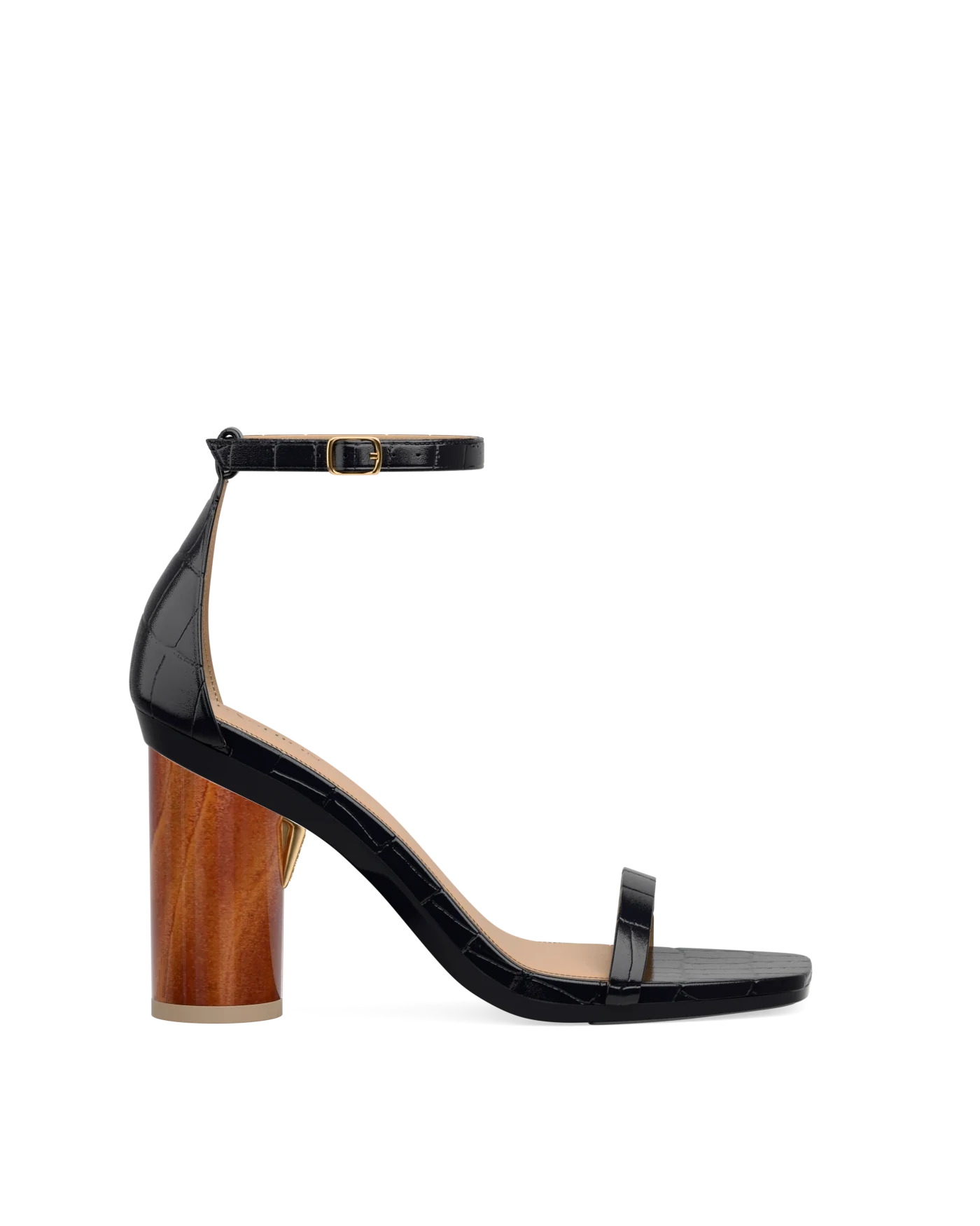 Cylinder Block Heel Kit 4 Wood shown on the Gigi Coal Crocodile upper. Pashion convertible heels go from heel to flat and are customizable with interchangeable heel kits.
