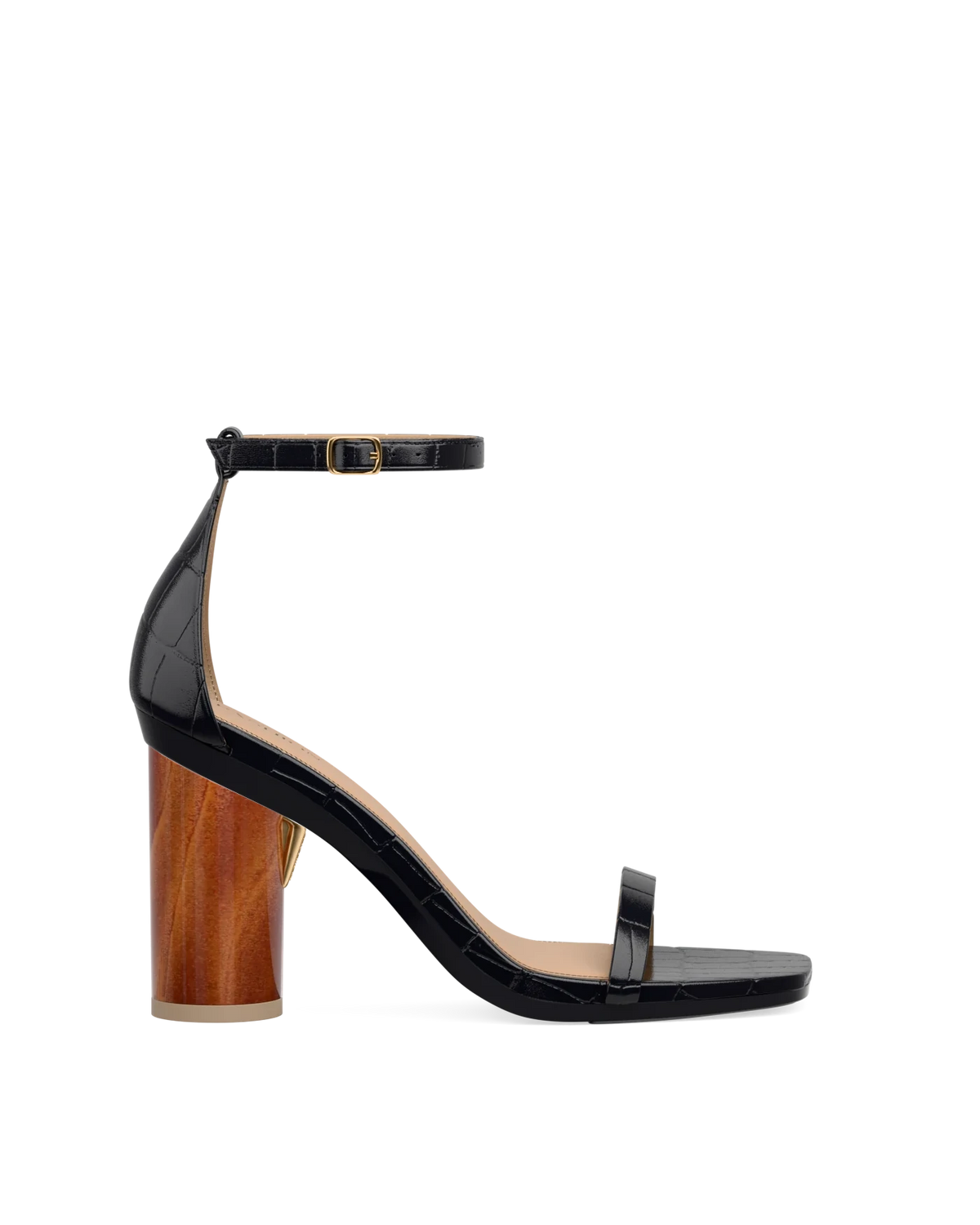 Cylinder Block Heel Kit 4 Wood shown on the Gigi Coal Crocodile upper. Pashion convertible heels go from heel to flat and are customizable with interchangeable heel kits.