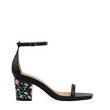 Block Heel Kit 3 Coal Daisy Embroidery shown on the Gigi Coal Leather upper. Pashion convertible heels go from heel to flat and are customizable with interchangeable heel kits.