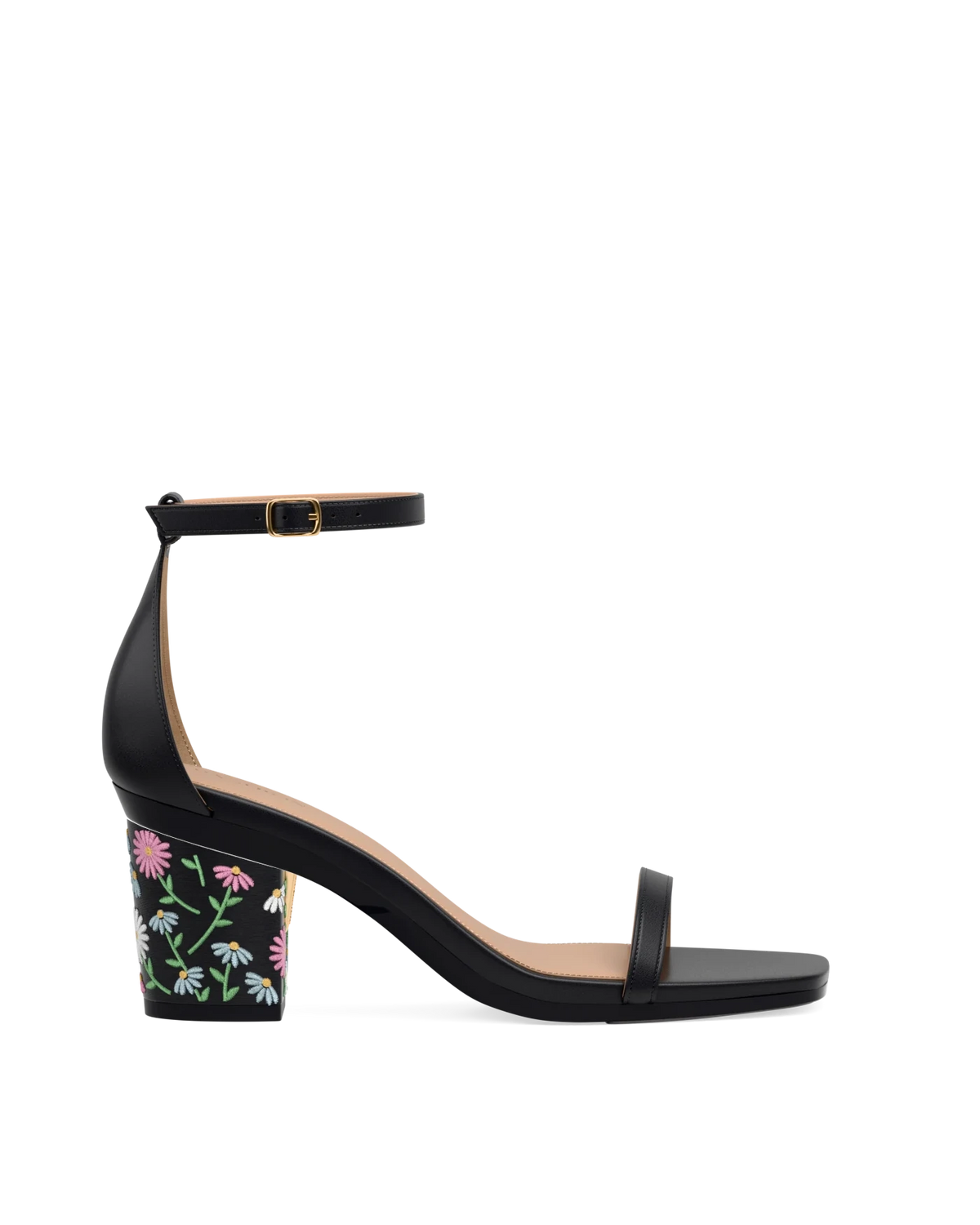 Block Heel Kit 3 Coal Daisy Embroidery shown on the Gigi Coal Leather upper. Pashion convertible heels go from heel to flat and are customizable with interchangeable heel kits.