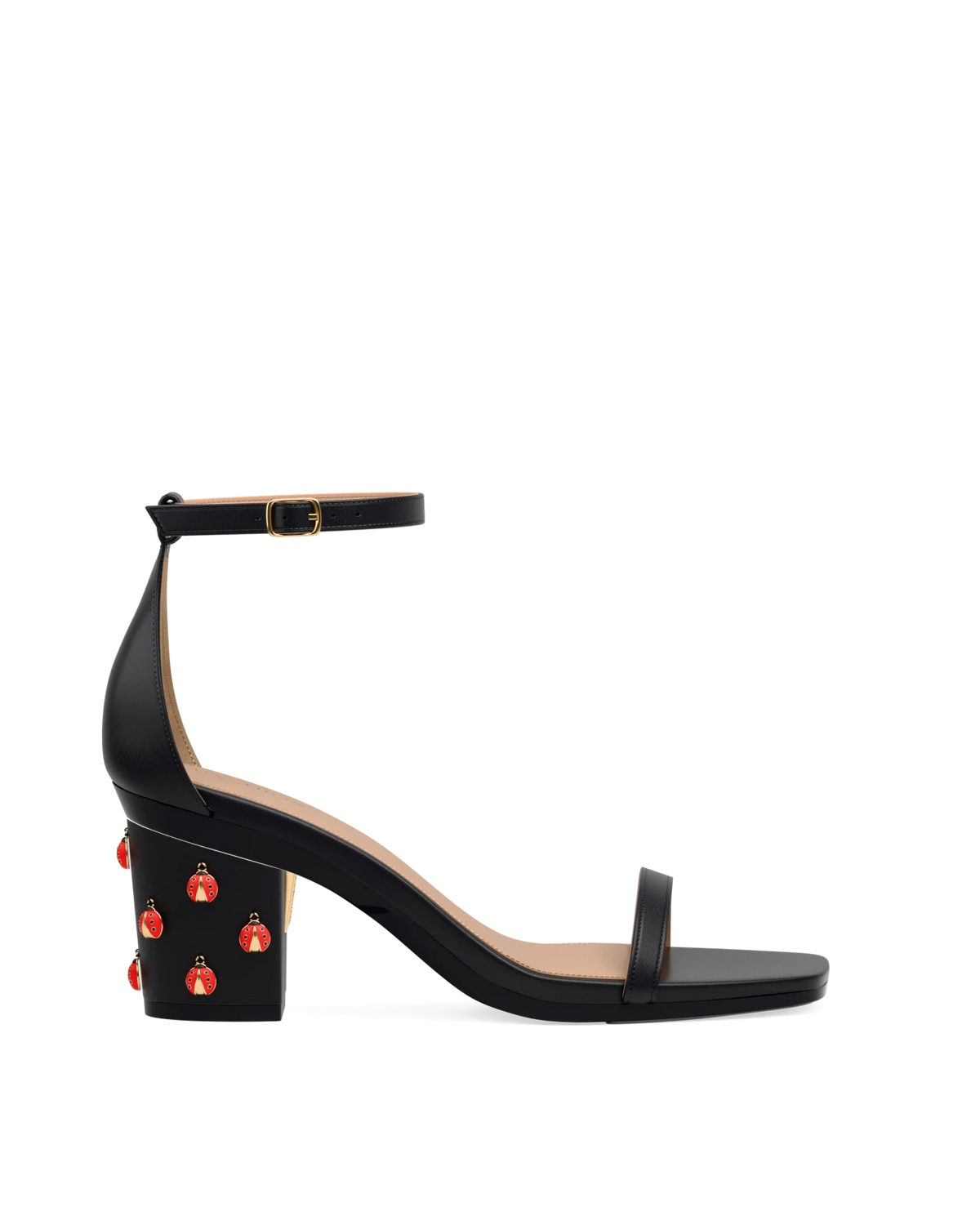 Block Heel Kit 3 Ladybug Charm shown on the Gigi Coal Leather upper. Pashion convertible heels go from heel to flat and are customizable with interchangeable heel kits.