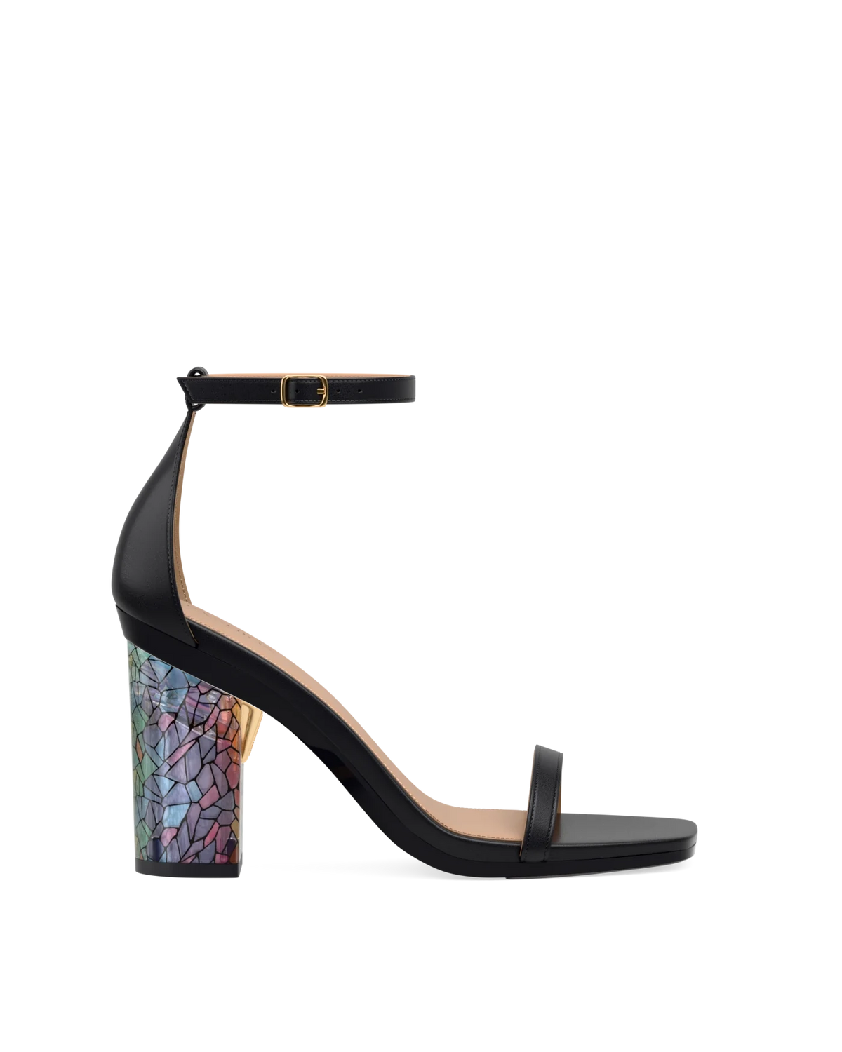 Block Heel Kit 4 Stained Glass shown on the Gigi Coal Leather upper. Pashion convertible heels go from heel to flat and are customizable with interchangeable heel kits.