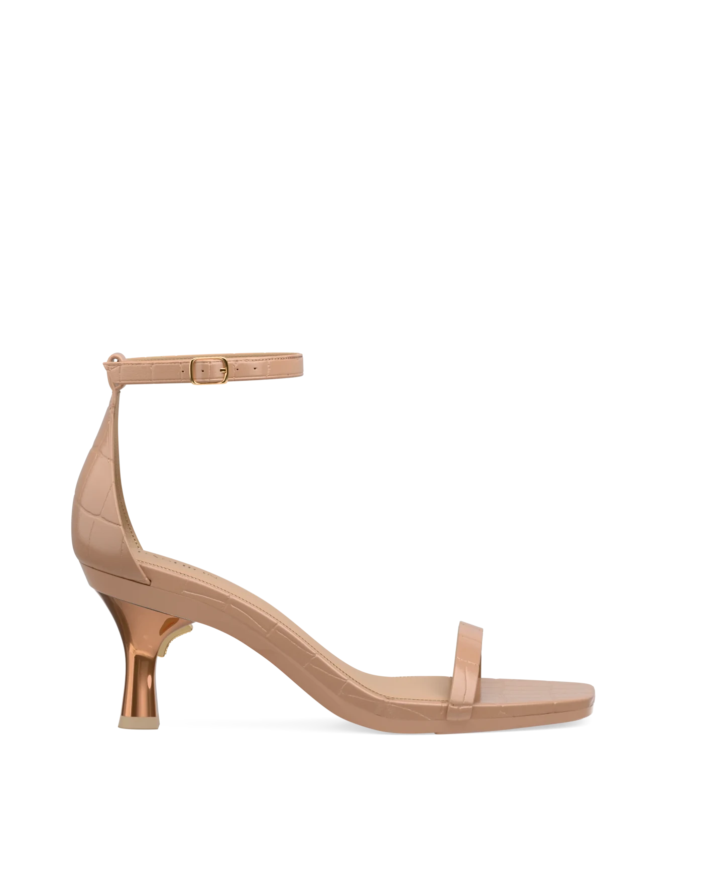 Flare Stiletto Heel Kit 3 Copper Metallic shown on the Gigi Latte Crocodile upper. Pashion convertible heels go from heel to flat and are customizable with interchangeable heel kits.