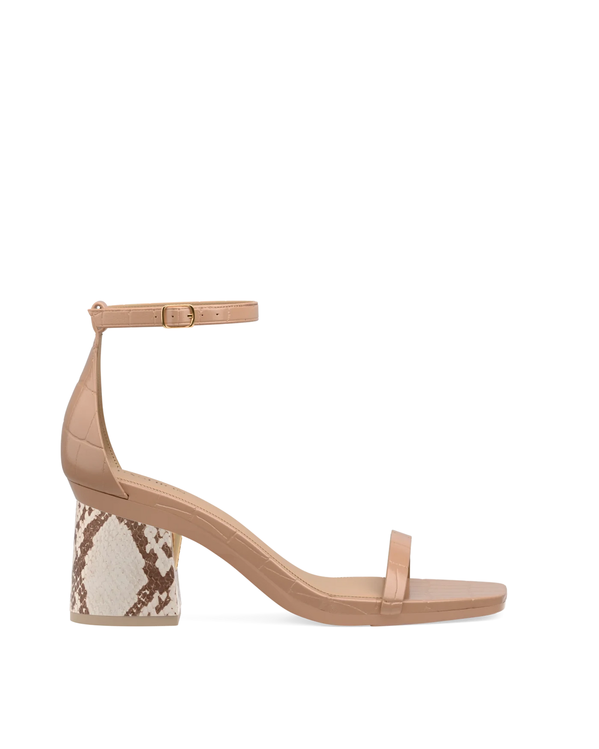 Flare Block Heel Kit 3 Ivory Snakeskin shown on the Gigi Latte Crocodile upper. Pashion convertible heels go from heel to flat and are customizable with interchangeable heel kits.