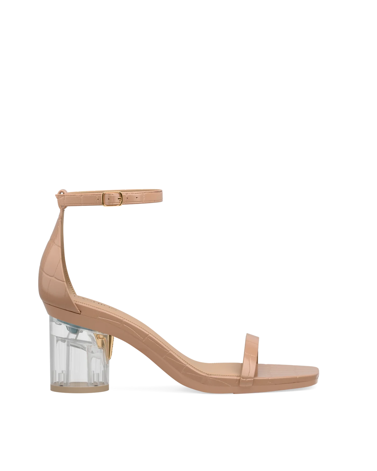 Cylinder Block Heel Kit 3 Transparent shown on the Gigi Latte Crocodile upper. Pashion convertible heels go from heel to flat and are customizable with interchangeable heel kits.