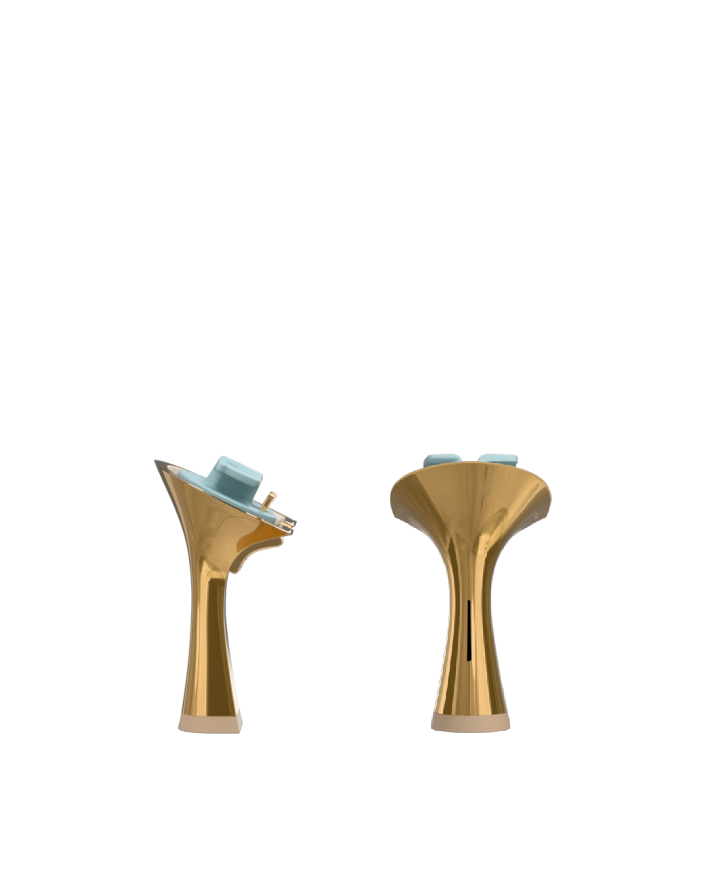 Flare Stiletto Heel Kit 4 Gold Metallic, back view. Pashion convertible heels go from heel to flat and are customizable with interchangeable heel kits.