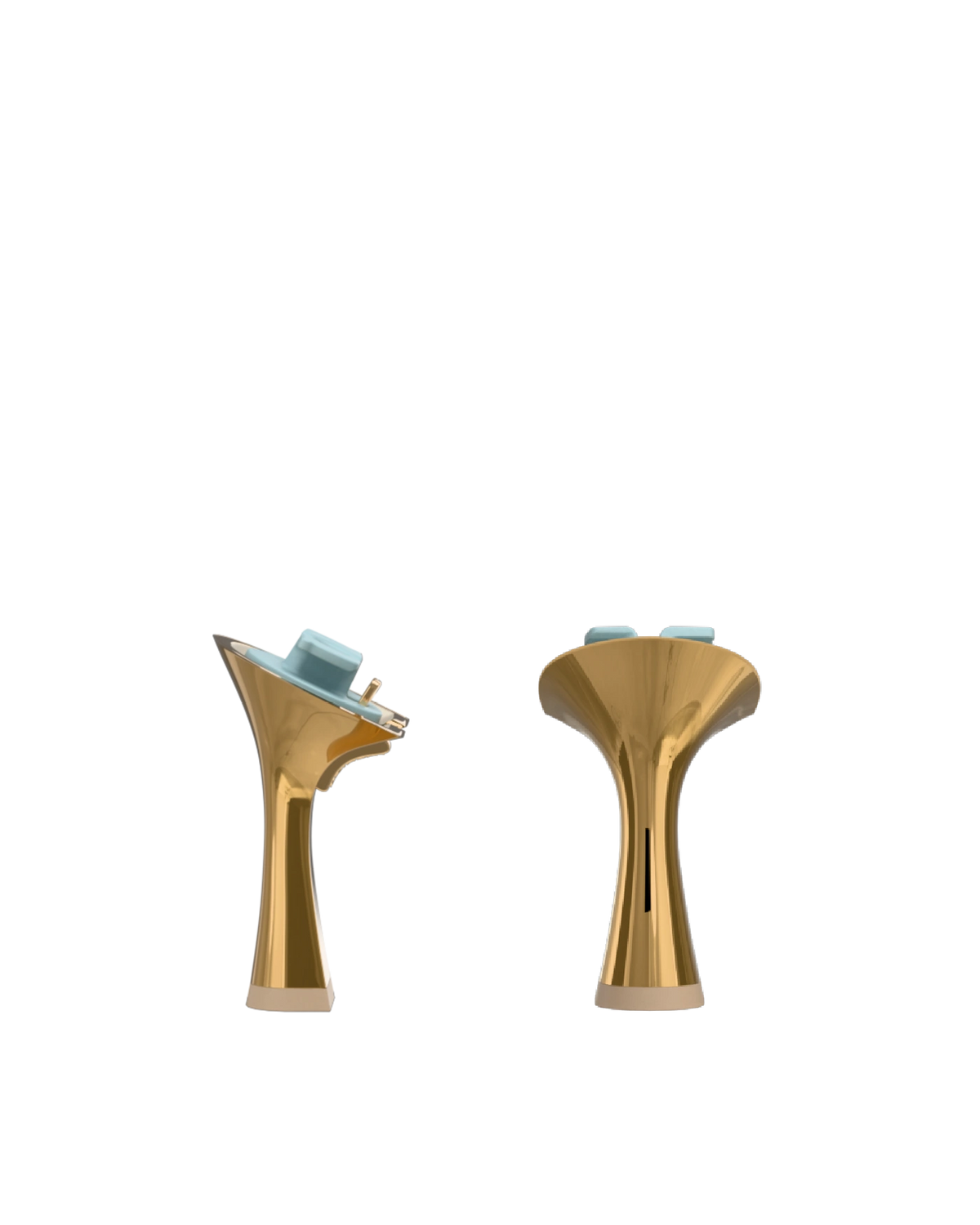 Flare Stiletto Heel Kit 4 Gold Metallic, back view. Pashion convertible heels go from heel to flat and are customizable with interchangeable heel kits.