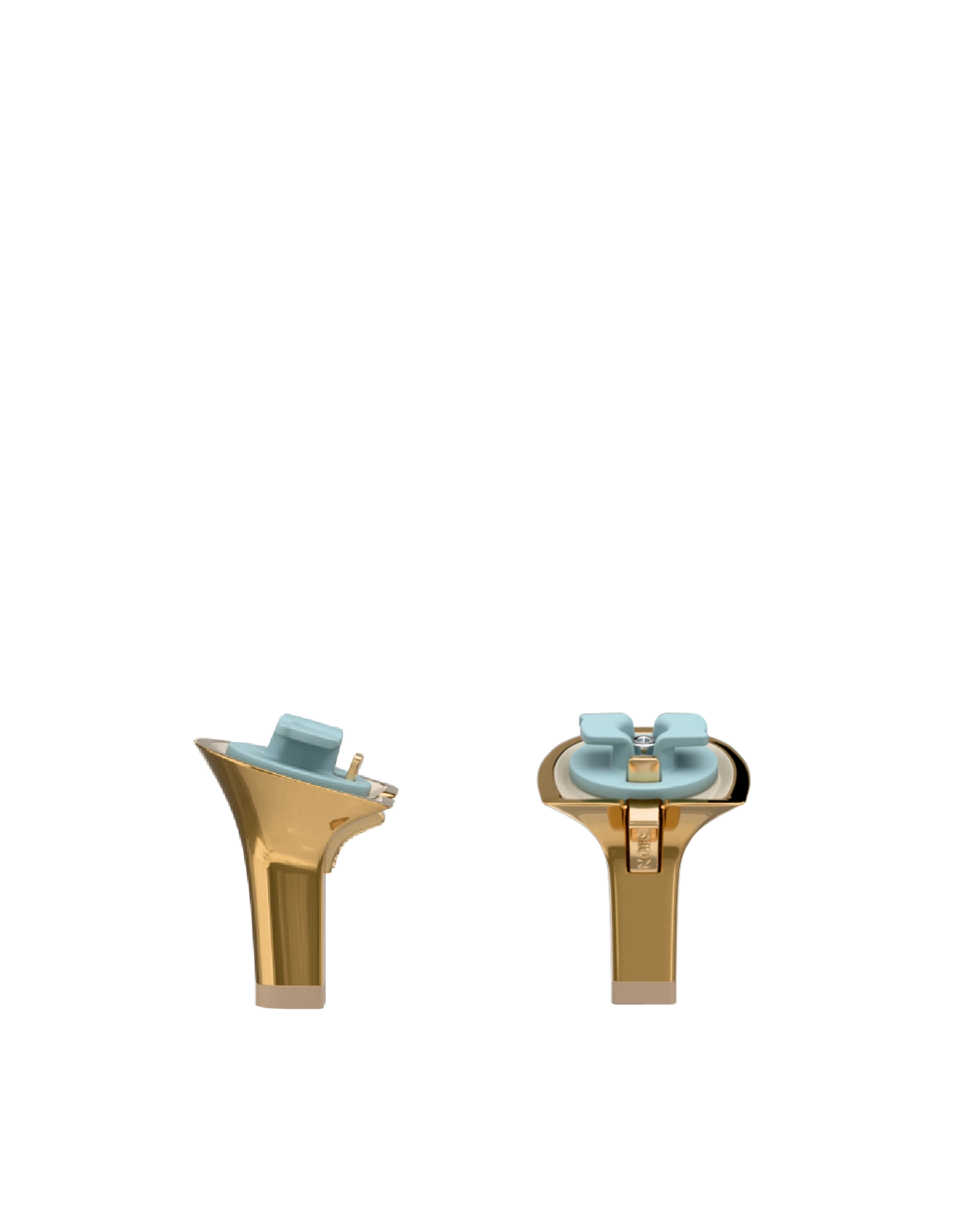 Stiletto Heel Kit 3 Gold Metallic, 3-inch interchangeable stiletto heel, side view. Pashion convertible heels go from heel to flat and are customizable with interchangeable heel kits.