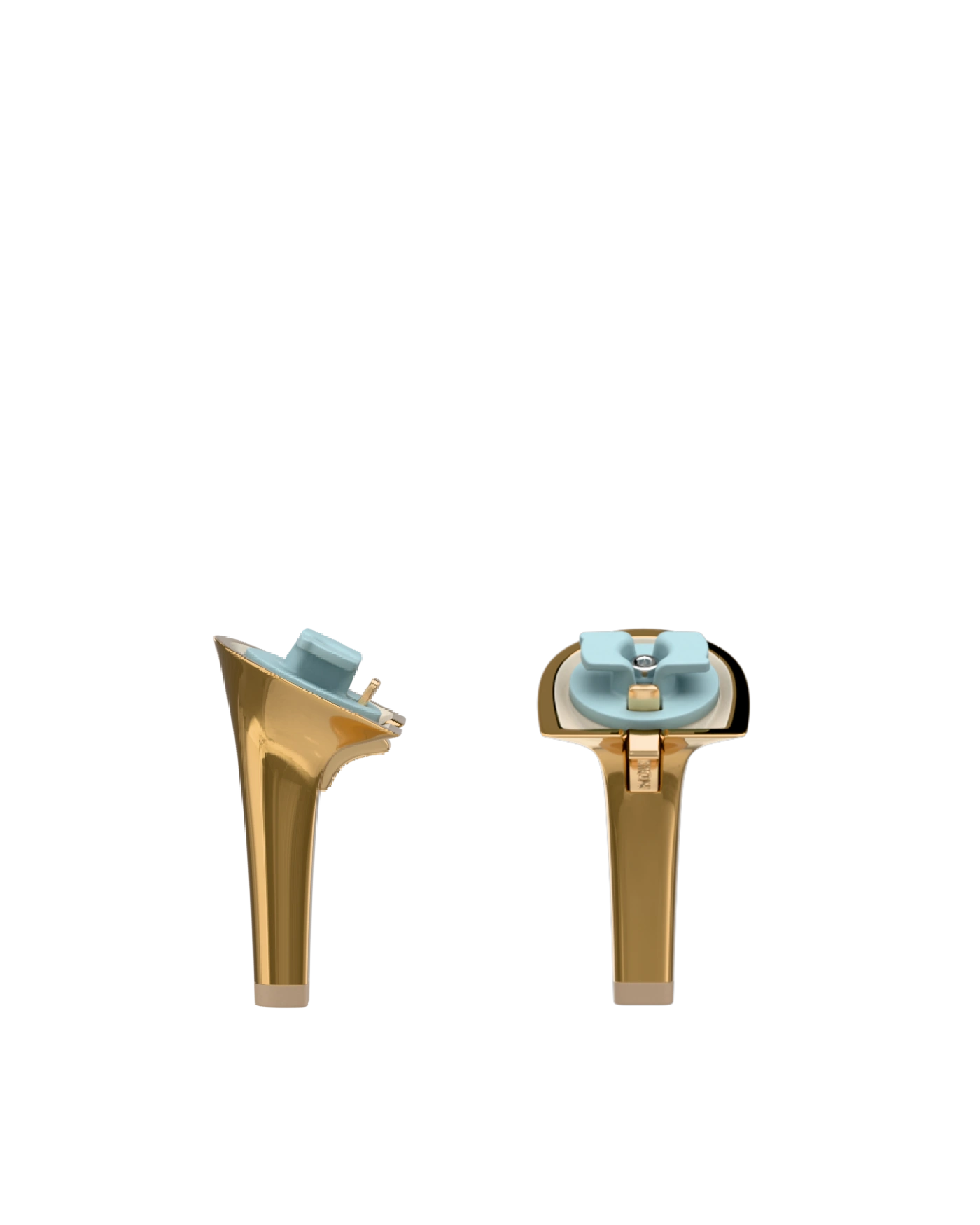 Stiletto Heel Kit 4 Gold Metallic, 4-inch interchangeable stiletto heel, side view. Pashion convertible heels go from heel to flat and are customizable with interchangeable heel kits.