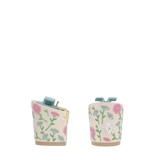 Block Heel Kit 3 Ivory Daisy Embroidery, back view. Pashion convertible heels go from heel to flat and are customizable with interchangeable heel kits.