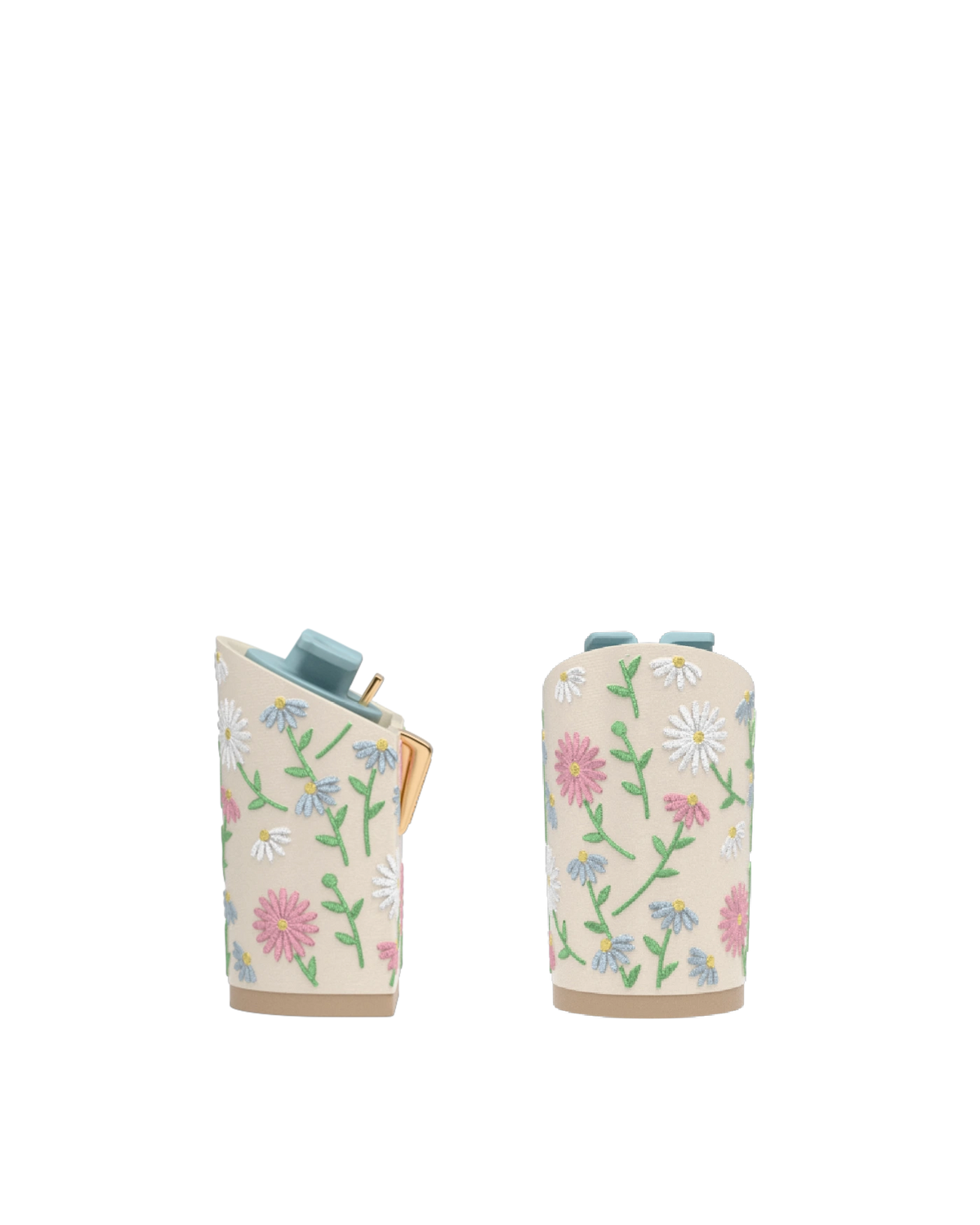 Block Heel Kit 4 Ivory Daisy Embroidery, back view. Pashion convertible heels go from heel to flat and are customizable with interchangeable heel kits.