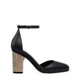 Block Heel Kit 4 Coal Iridescent Rhinestone shown on the Margot Coal Nappa Leather upper. Pashion convertible heels go from heel to flat and are customizable with interchangeable heel kits.