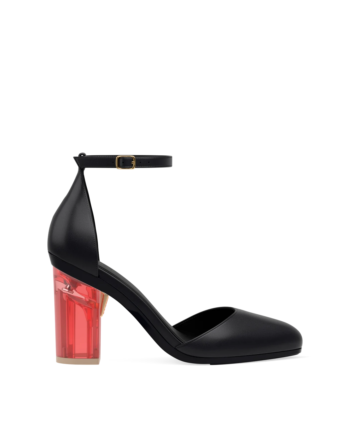Block Heel Kit 4 Red Tint Transparent shown on the Margot Coal Nappa Leather upper. Pashion convertible heels go from heel to flat and are customizable with interchangeable heel kits.