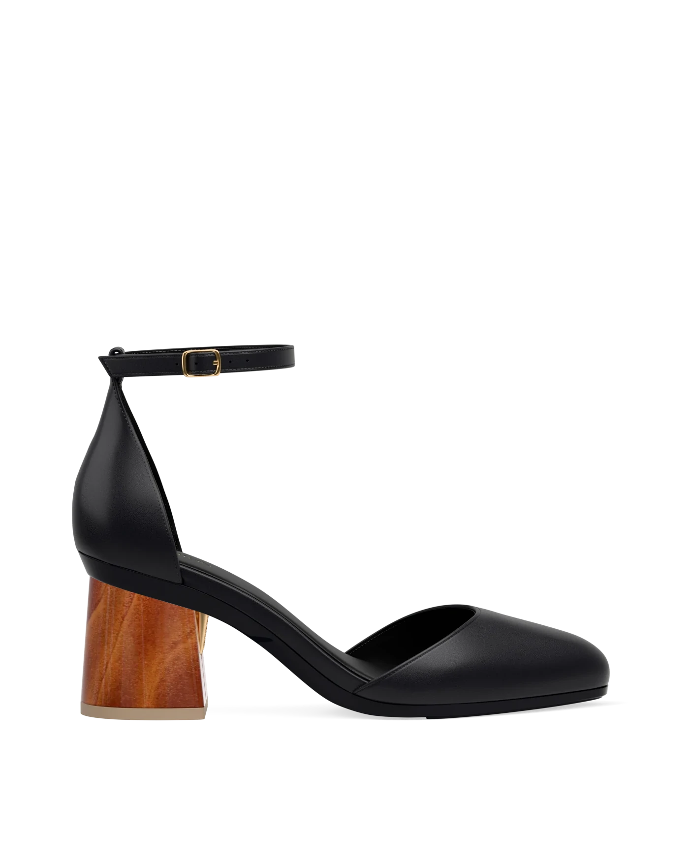 Flare Block Heel Kit 3 Wood shown on the Margot Coal Nappa Leather upper. Pashion convertible heels go from heel to flat and are customizable with interchangeable heel kits.