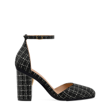 Block Heel Kit 4 Coal Tweed shown on the Margot Coal Tweed upper. Pashion convertible heels go from heel to flat and are customizable with interchangeable heel kits.
