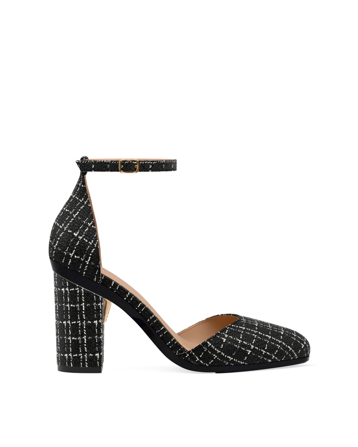 Block Heel Kit 4 Coal Tweed shown on the Margot Coal Tweed upper. Pashion convertible heels go from heel to flat and are customizable with interchangeable heel kits.