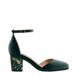 Block Heel Kit 3 Forest Constellation Embroidery shown on the Margot Forest Velvet upper. Pashion convertible heels go from heel to flat and are customizable with interchangeable heel kits.