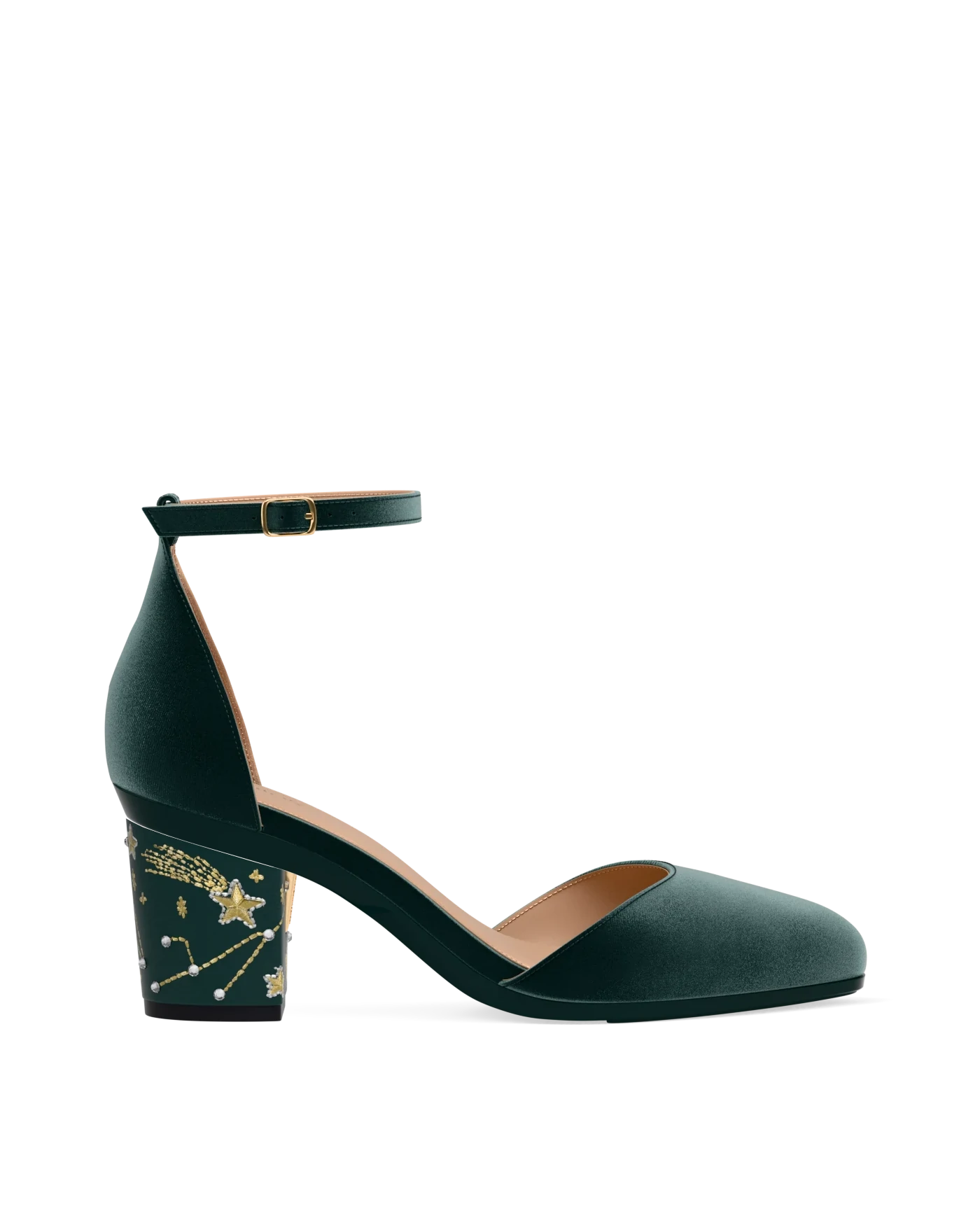 Block Heel Kit 3 Forest Constellation Embroidery shown on the Margot Forest Velvet upper. Pashion convertible heels go from heel to flat and are customizable with interchangeable heel kits.