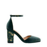 Block Heel Kit 4 Forest Constellation Embroidery shown on the Margot Forest Velvet upper. Pashion convertible heels go from heel to flat and are customizable with interchangeable heel kits.