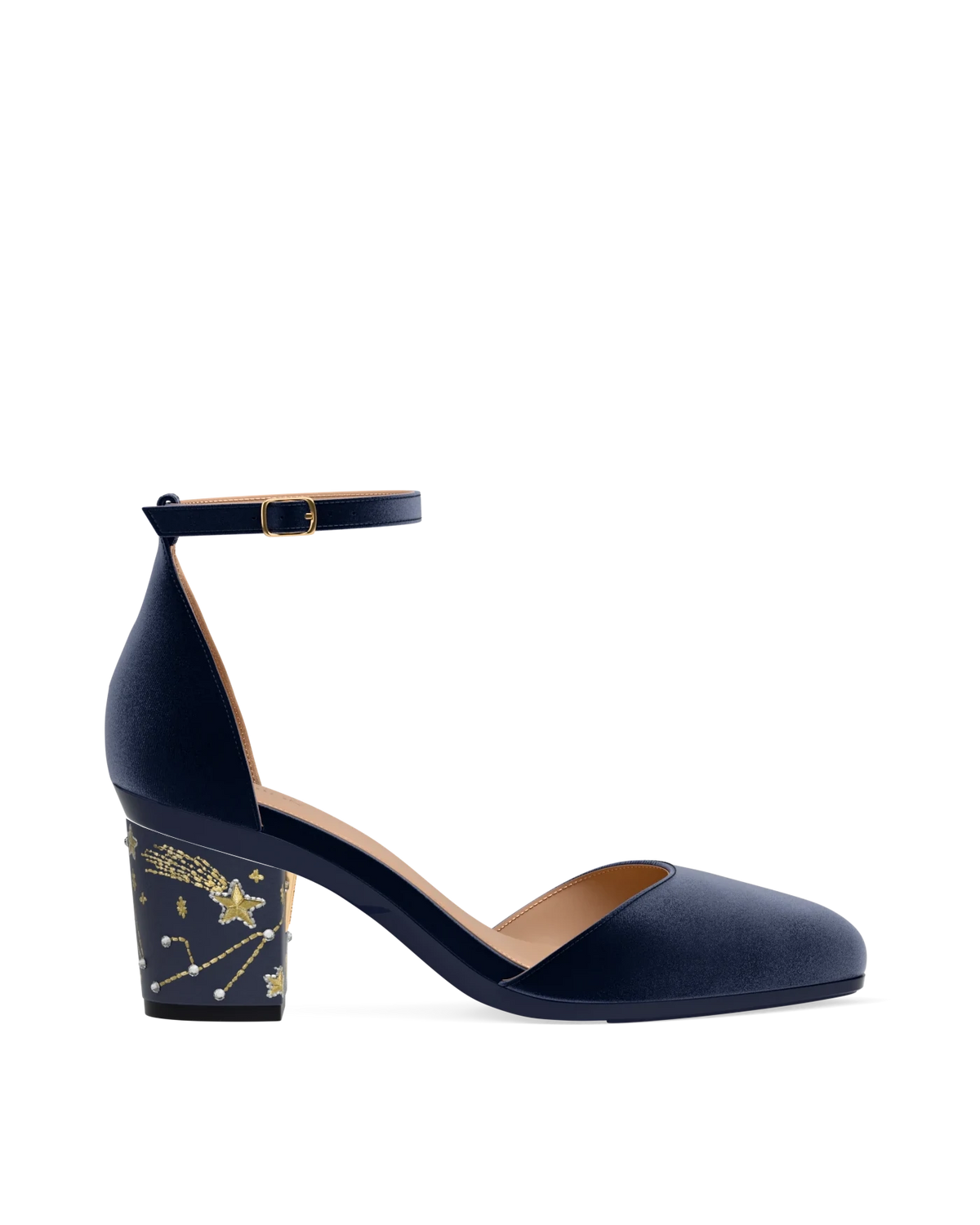 Block Heel Kit 3 Midnight Constellation Embroidery shown on the Margot Midnight Velvet upper. Pashion convertible heels go from heel to flat and are customizable with interchangeable heel kits.