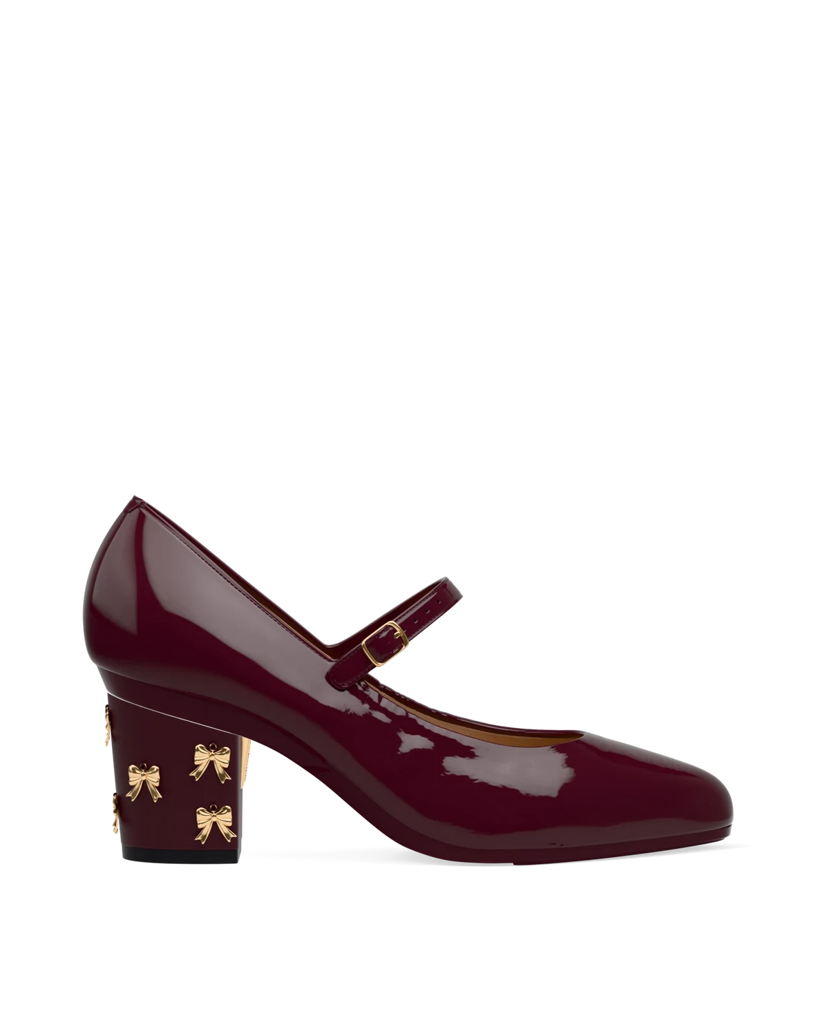 Block Heel Kit 3 Cherry Mocha Bow Charm shown on the Mary Cherry Mocha Patent upper. Pashion convertible heels go from heel to flat and are customizable with interchangeable heel kits.