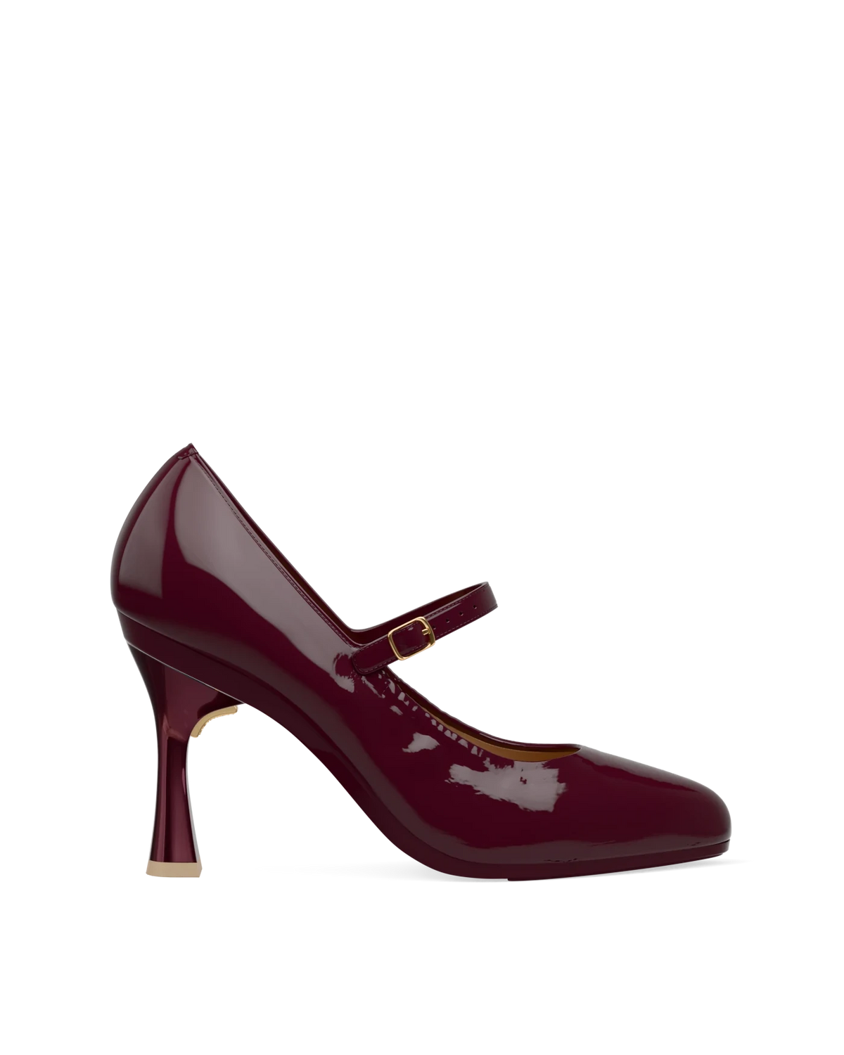 Flare Stiletto Heel Kit 4 Cherry Mocha Metallic shown on the Mary Cherry Mocha Patent upper. Pashion convertible heels go from heel to flat and are customizable with interchangeable heel kits.