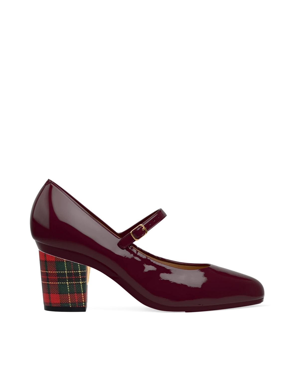 Block Heel Kit 3 Holiday Plaid shown on the Mary Cherry Mocha Patent upper. Pashion convertible heels go from heel to flat and are customizable with interchangeable heel kits.