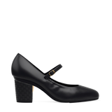 Block Heel Kit 3 Coal Woven Leather shown on the Mary Coal Nappa Leather upper. Pashion convertible heels go from heel to flat and are customizable with interchangeable heel kits.