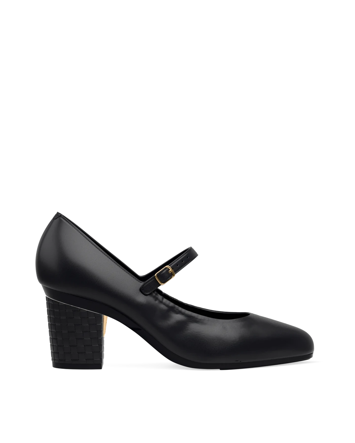 Block Heel Kit 3 Coal Woven Leather shown on the Mary Coal Nappa Leather upper. Pashion convertible heels go from heel to flat and are customizable with interchangeable heel kits.
