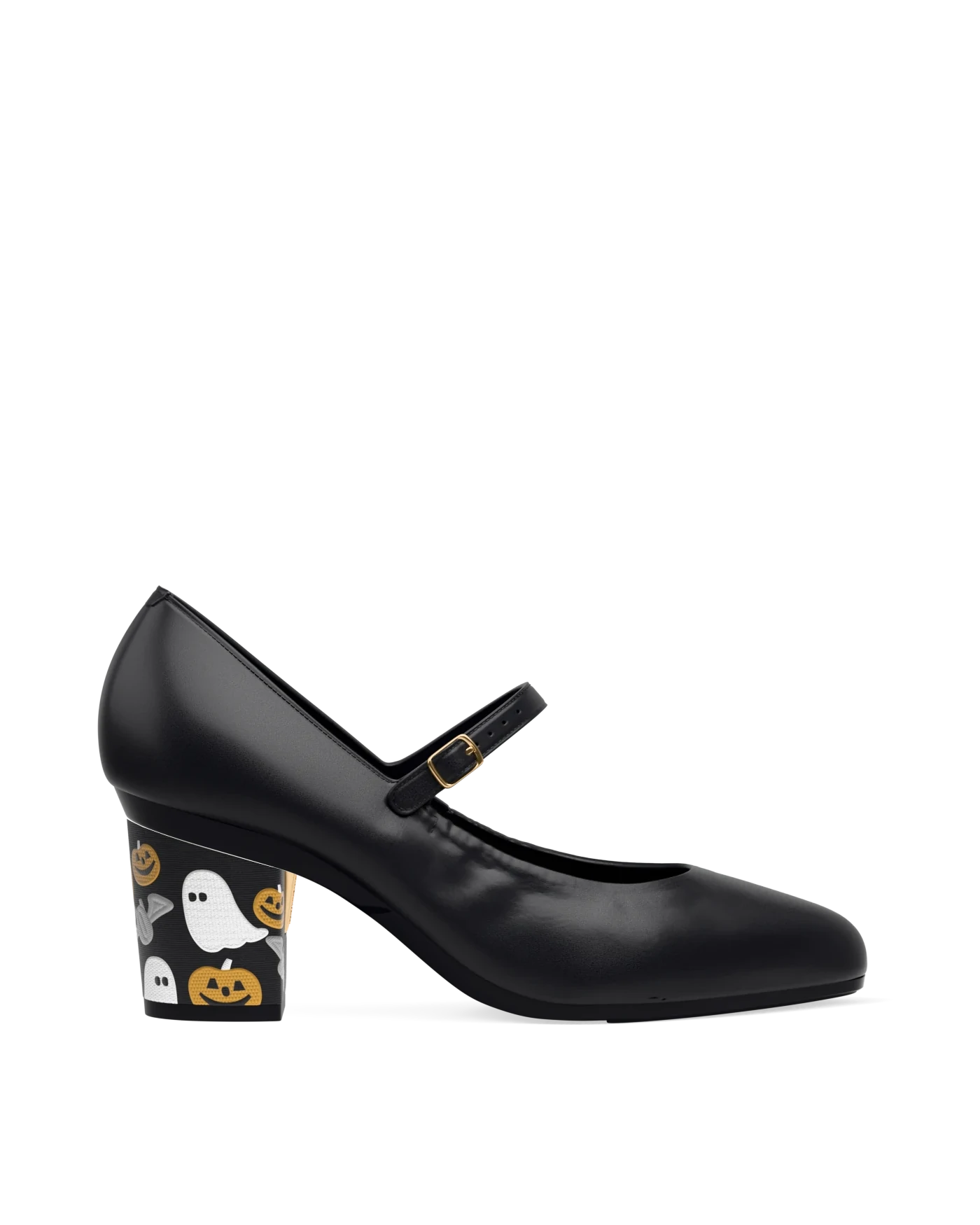 Block Heel Kit 3 Halloween Embroidery shown on the Mary Coal Nappa Leather upper. Pashion convertible heels go from heel to flat and are customizable with interchangeable heel kits.