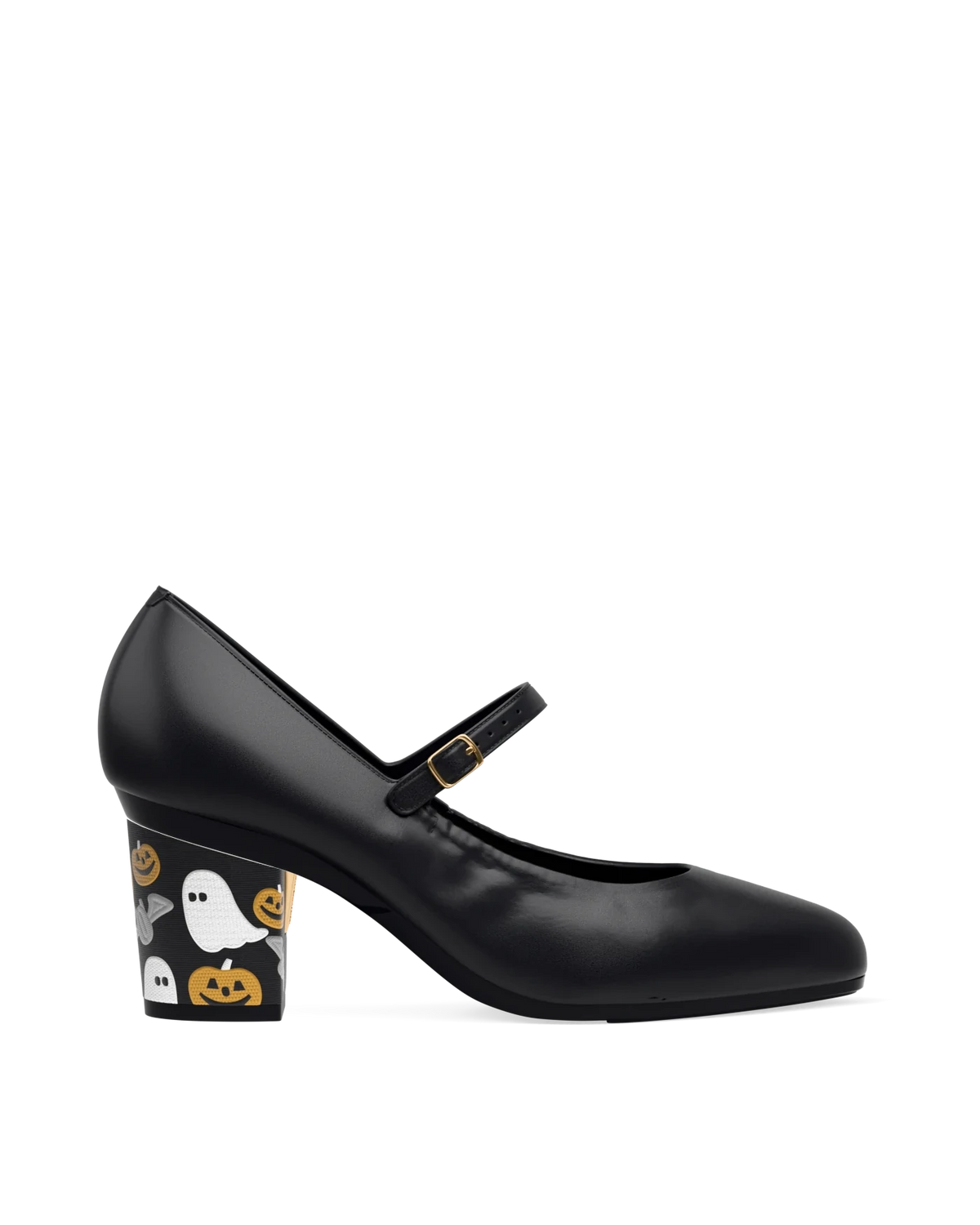 Block Heel Kit 3 Halloween Embroidery shown on the Mary Coal Nappa Leather upper. Pashion convertible heels go from heel to flat and are customizable with interchangeable heel kits.