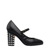Block Heel Kit 4 Silver Stud shown on the Mary Coal Nappa Leather upper. Pashion convertible heels go from heel to flat and are customizable with interchangeable heel kits.