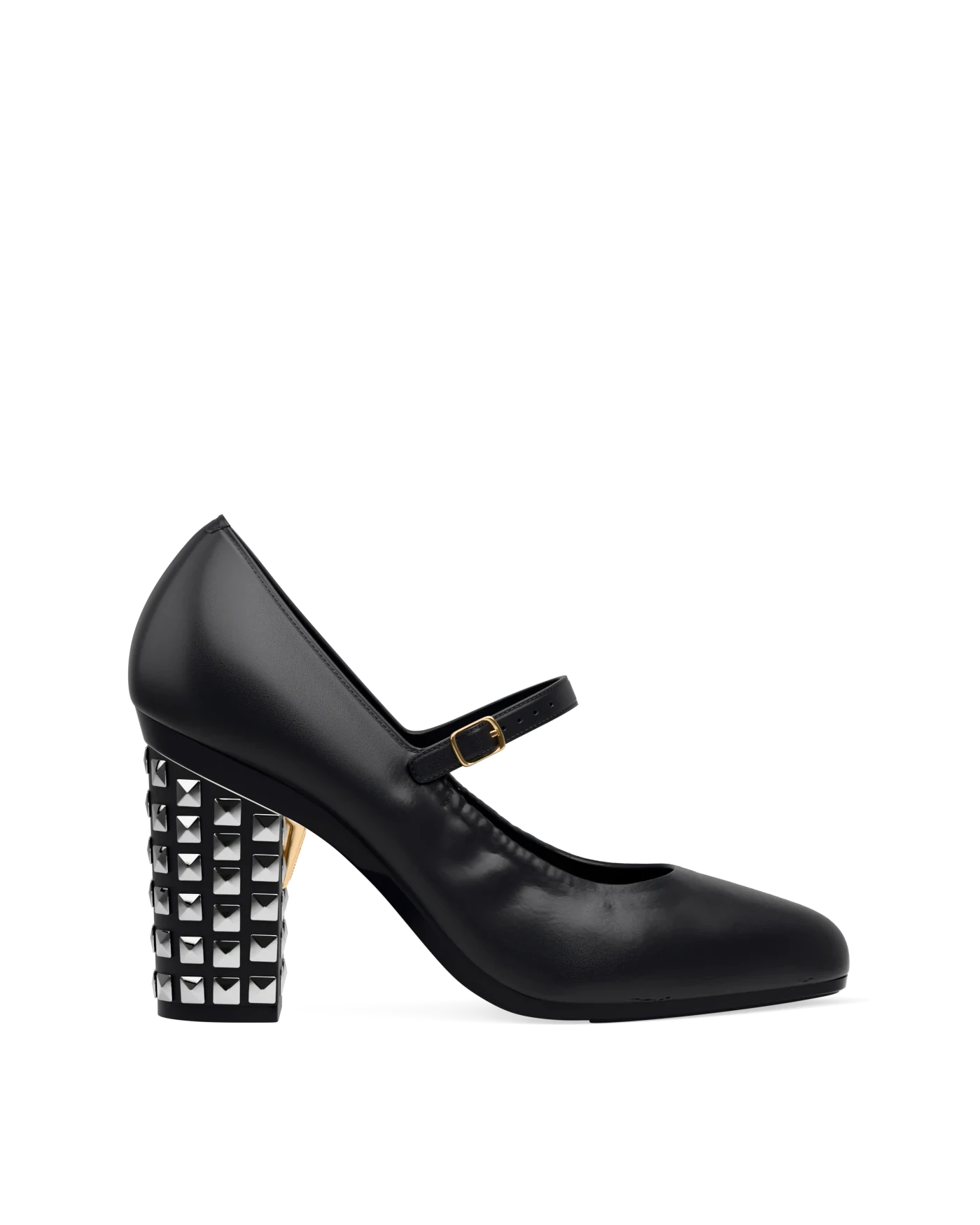 Block Heel Kit 4 Silver Stud shown on the Mary Coal Nappa Leather upper. Pashion convertible heels go from heel to flat and are customizable with interchangeable heel kits.