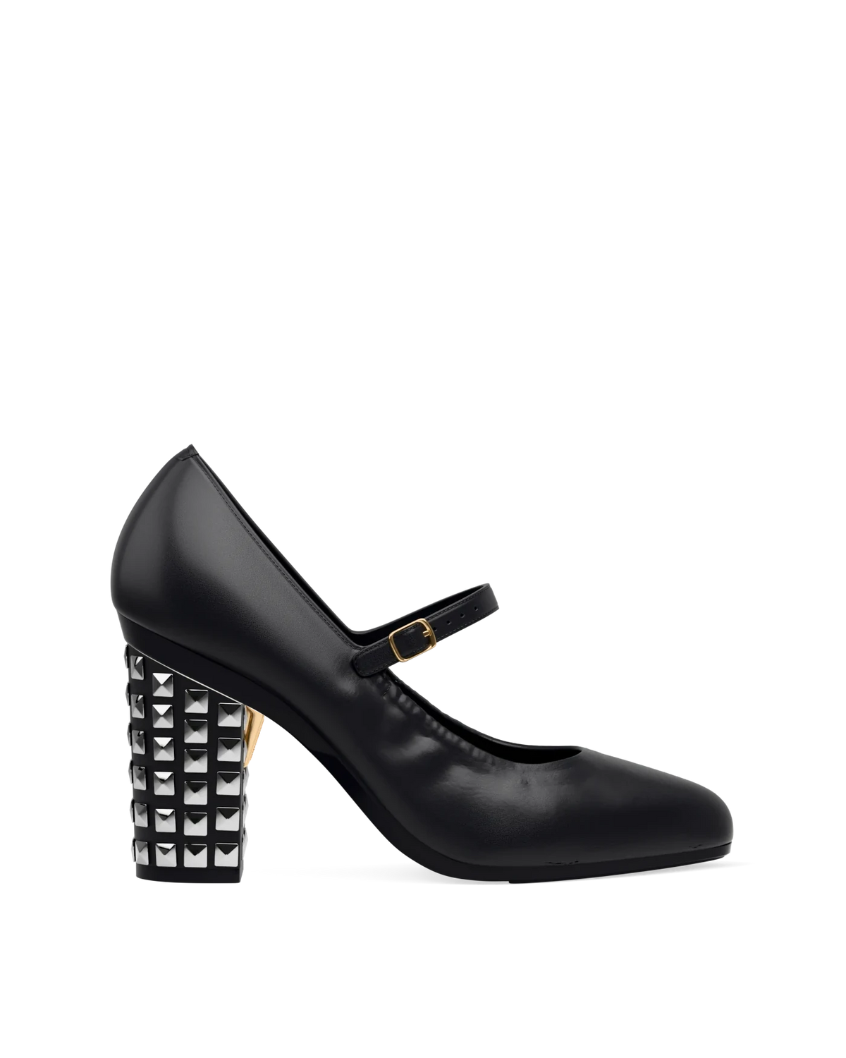 Block Heel Kit 4 Silver Stud shown on the Mary Coal Nappa Leather upper. Pashion convertible heels go from heel to flat and are customizable with interchangeable heel kits.