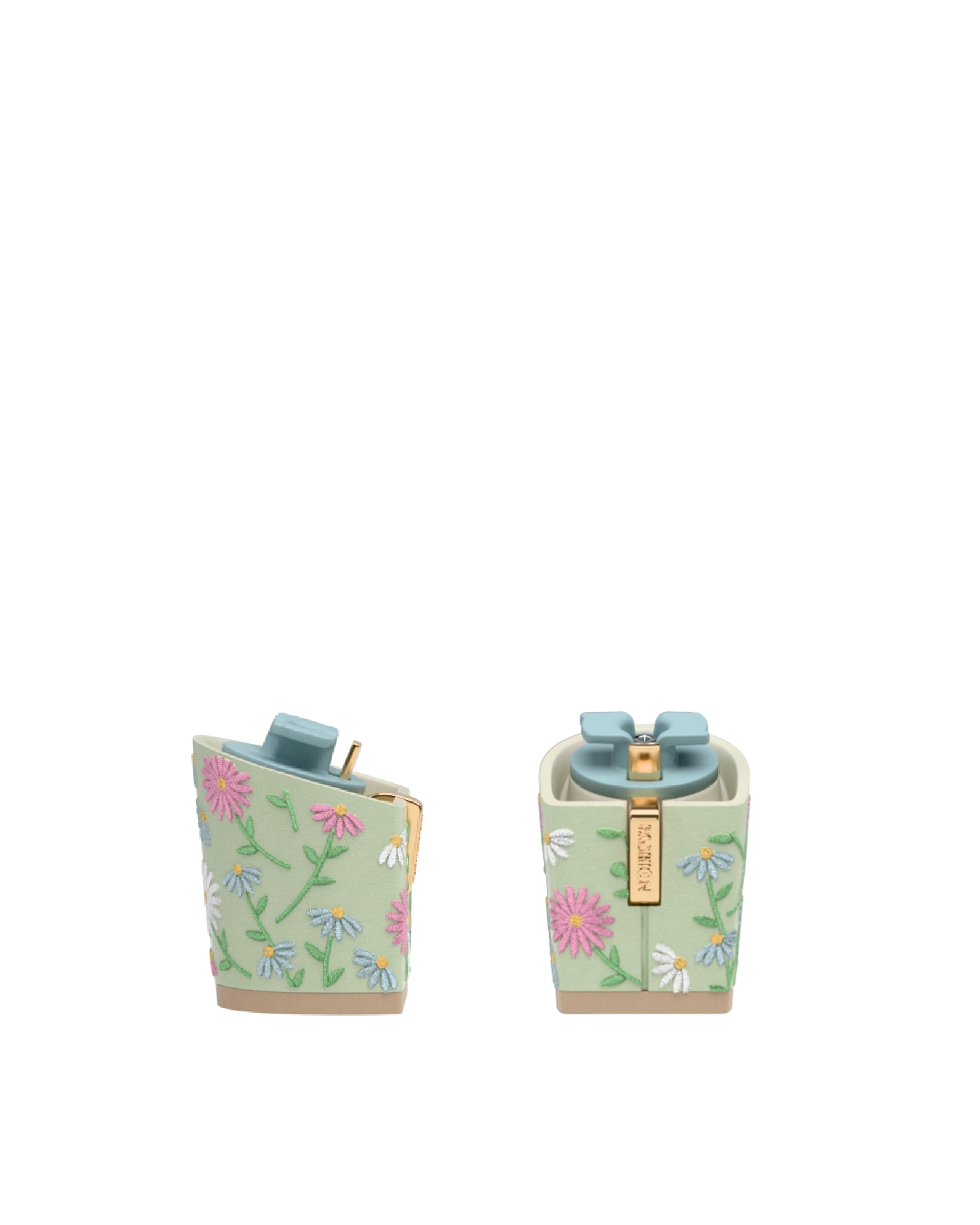 Block Heel Kit 3 Mint Daisy Embroidery, 3-inch interchangeable block heel, side view. Pashion convertible heels go from heel to flat and are customizable with interchangeable heel kits.