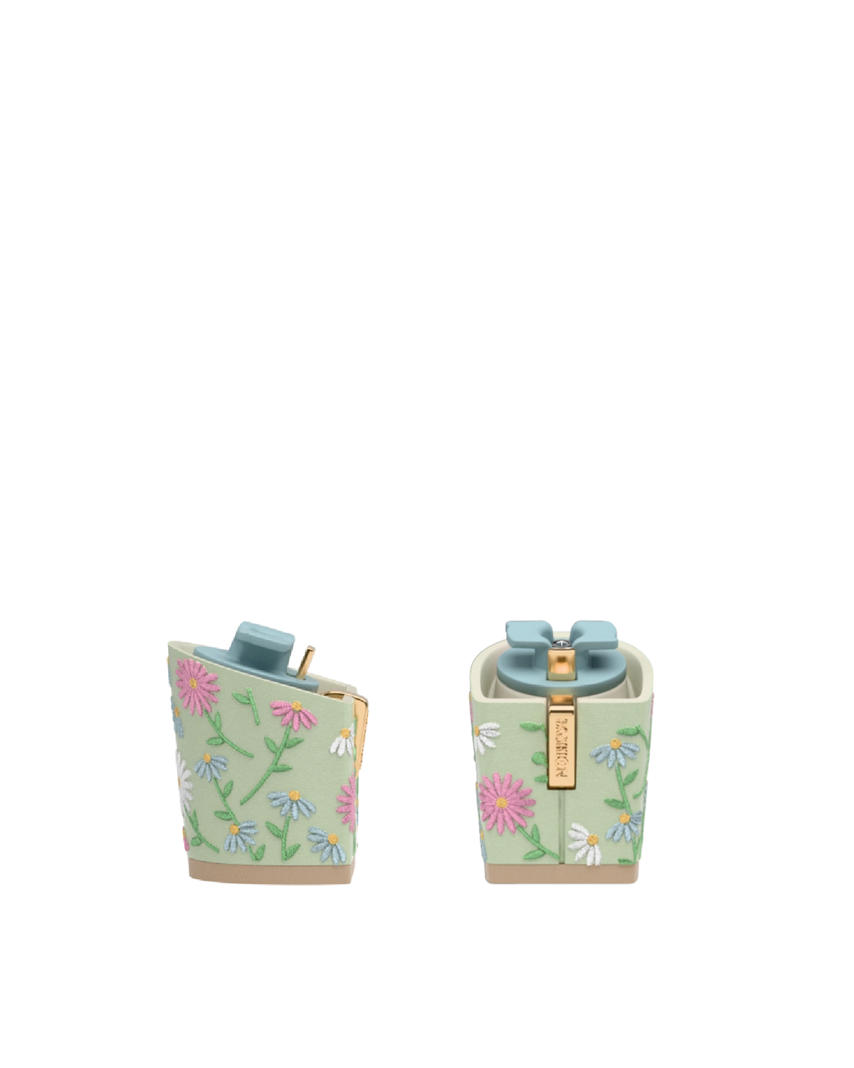 Block Heel Kit 3 Mint Daisy Embroidery, 3-inch interchangeable block heel, side view. Pashion convertible heels go from heel to flat and are customizable with interchangeable heel kits.