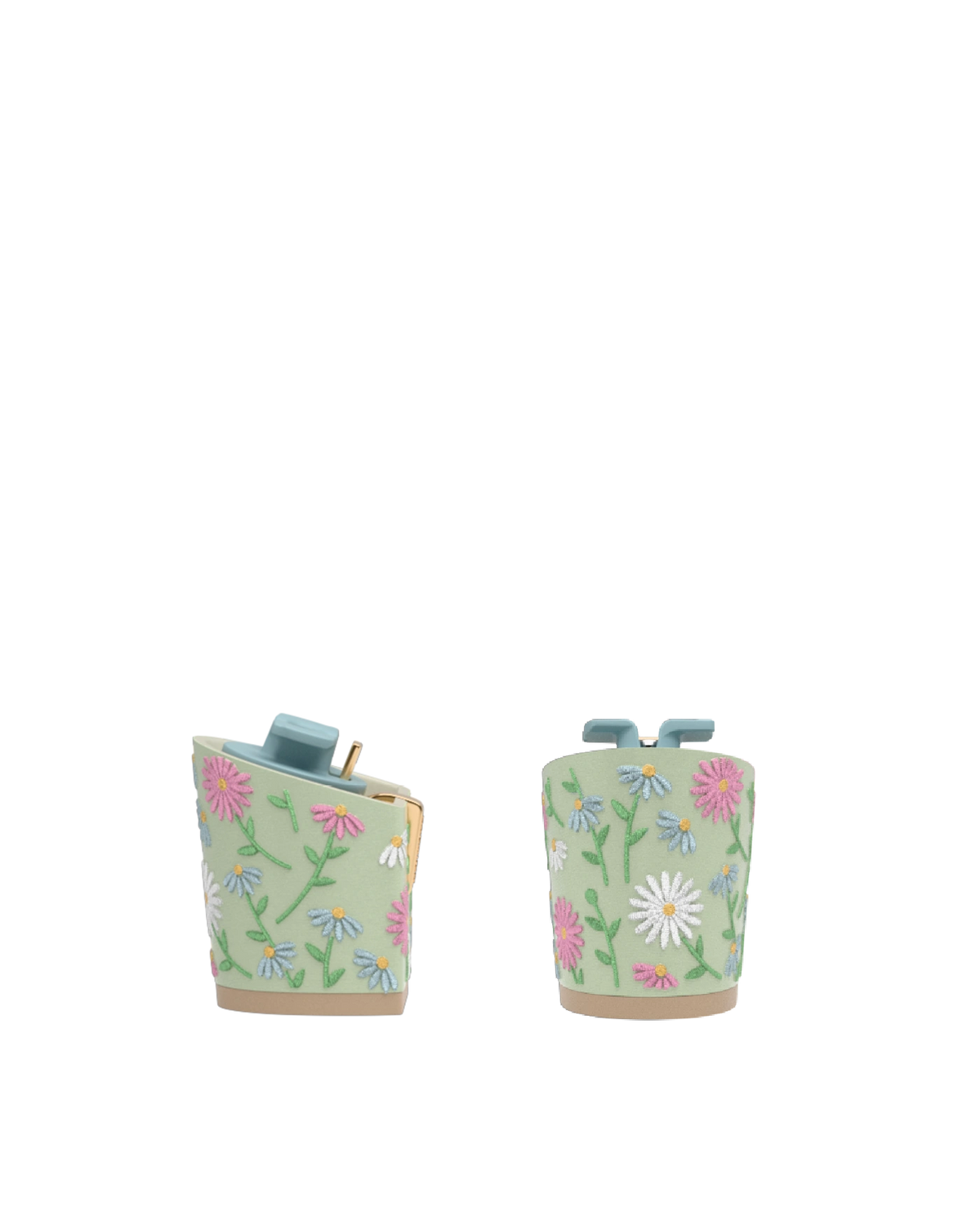 Block Heel Kit 3 Mint Daisy Embroidery, back view. Pashion convertible heels go from heel to flat and are customizable with interchangeable heel kits.
