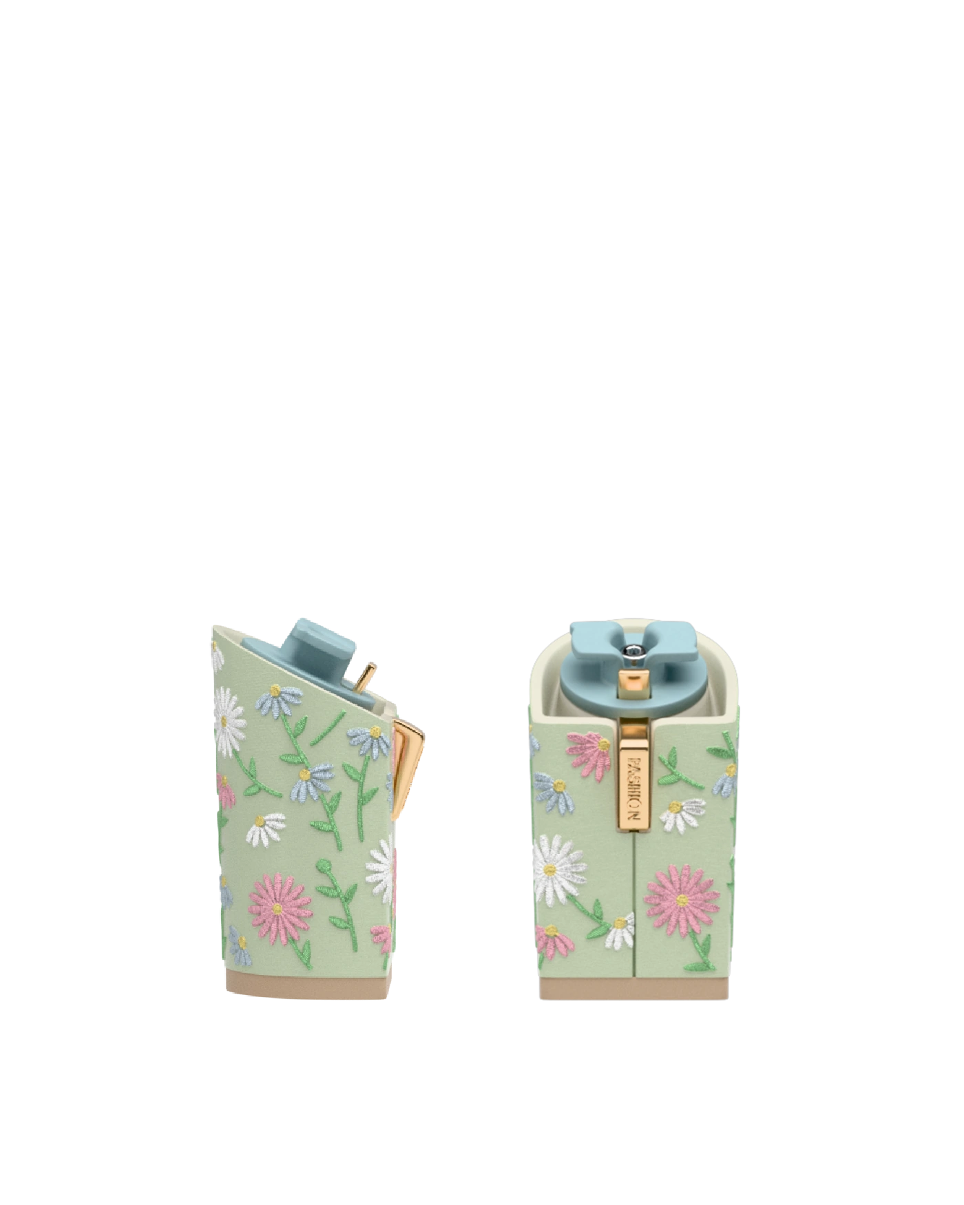 Block Heel Kit 4 Mint Daisy Embroidery, 4-inch interchangeable block heel, side view. Pashion convertible heels go from heel to flat and are customizable with interchangeable heel kits.