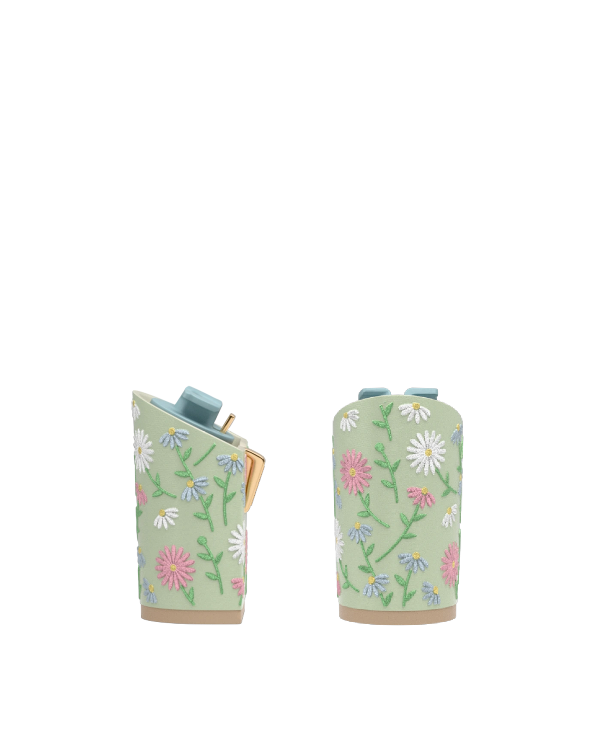 Block Heel Kit 4 Mint Daisy Embroidery, back view. Pashion convertible heels go from heel to flat and are customizable with interchangeable heel kits.