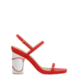 Cylinder Block Heel Kit 4 Baseball shown on the Miranda Cherry Red Leather upper. Pashion convertible heels go from heel to flat and are customizable with interchangeable heel kits.