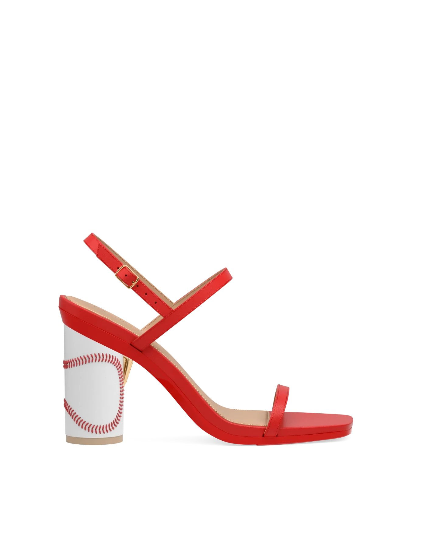 Cylinder Block Heel Kit 4 Baseball shown on the Miranda Cherry Red Leather upper. Pashion convertible heels go from heel to flat and are customizable with interchangeable heel kits.