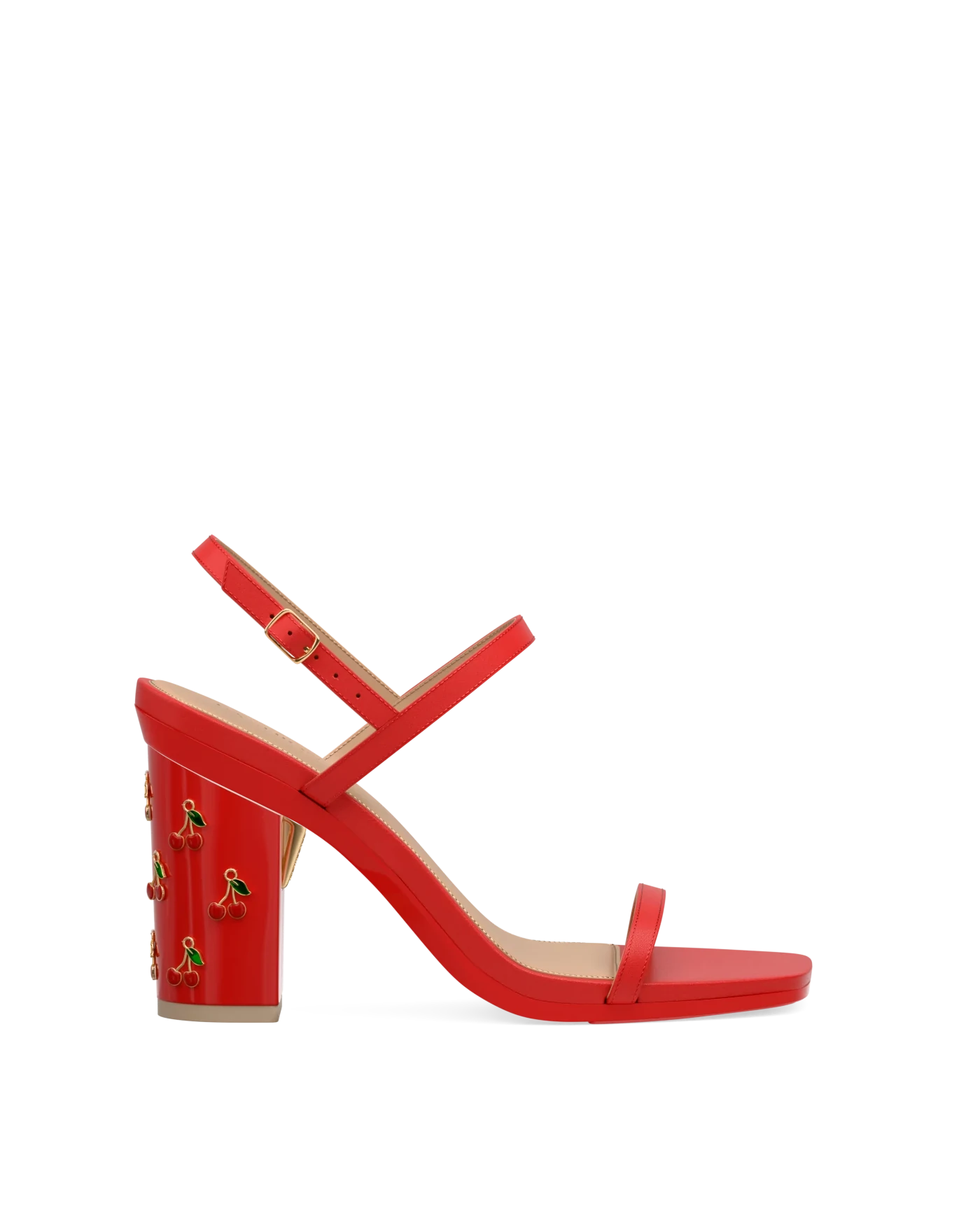Block Heel Kit 4 Cherry Red Cherry Charm shown on the Miranda Cherry Red Leather upper. Pashion convertible heels go from heel to flat and are customizable with interchangeable heel kits.