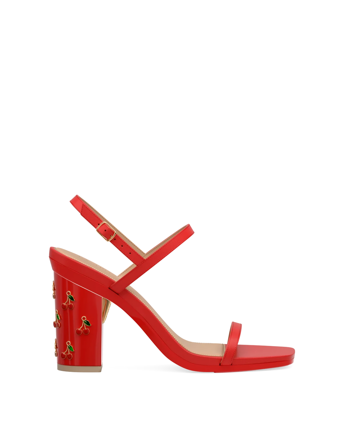 Block Heel Kit 4 Cherry Red Cherry Charm shown on the Miranda Cherry Red Leather upper. Pashion convertible heels go from heel to flat and are customizable with interchangeable heel kits.
