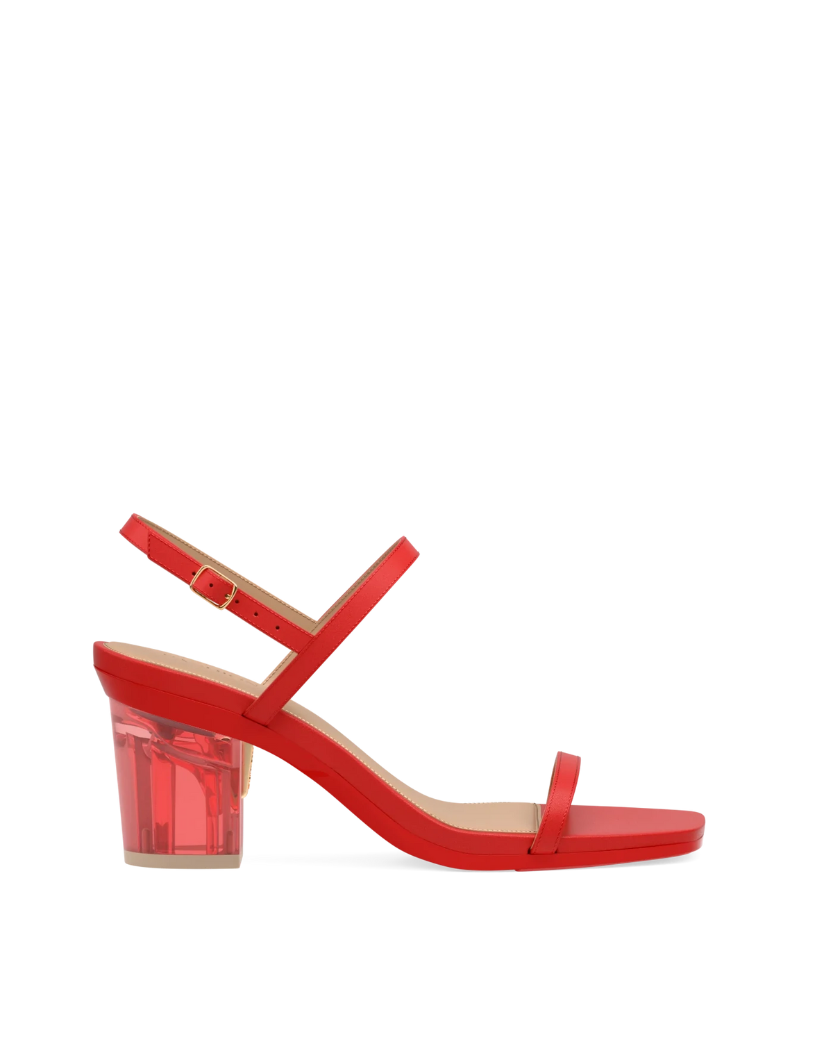 Block Heel Kit 3 Red Tint Transparent shown on the Miranda Cherry Red Leather upper. Pashion convertible heels go from heel to flat and are customizable with interchangeable heel kits.