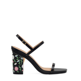 Block Heel Kit 4 Coal Daisy Embroidery shown on the Miranda Coal Leather upper. Pashion convertible heels go from heel to flat and are customizable with interchangeable heel kits.