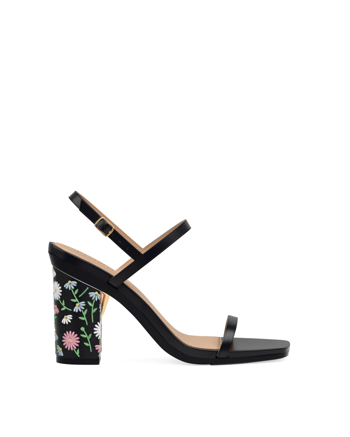 Block Heel Kit 4 Coal Daisy Embroidery shown on the Miranda Coal Leather upper. Pashion convertible heels go from heel to flat and are customizable with interchangeable heel kits.