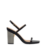 Block Heel Kit 4 Coal Houndstooth shown on the Miranda Coal Leather upper. Pashion convertible heels go from heel to flat and are customizable with interchangeable heel kits.